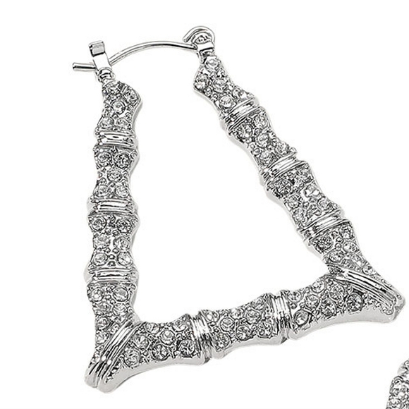 Silver Bamboo Door Knocker Earrings Trendy Crystal Rhinestone Hoop Jewelry - Picture 4 of 5